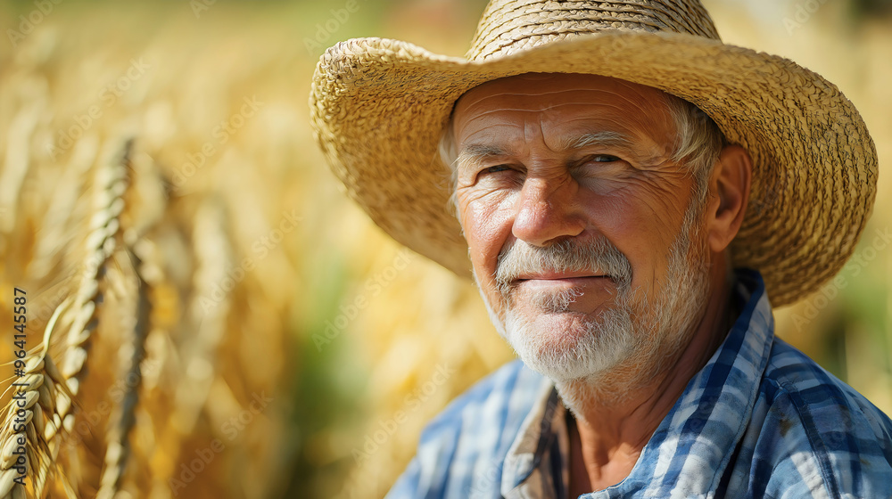 Fototapeta premium Portrait of a happy senior farmer standing in a cultivated field, farmland. An elderly man with straw hat, rural lifestyle of agricultural work, harvesting organic produce in the countryside