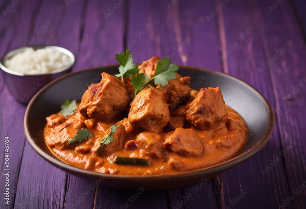 Chicken Tikka Masala with Basmati Rice on Purple Wooden Background Chicken Tikka Masala with Basmati Rice on Purple Wooden Background