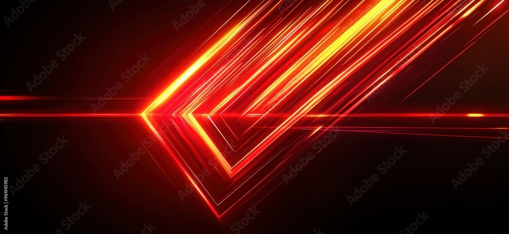 Obraz premium Abstract red neon light arrow speed background. Futuristic glow tech gamer graphic for banner. Fast move cyber casino design with yellow led beam. 3d triangle perspective dynamic digital party bg 