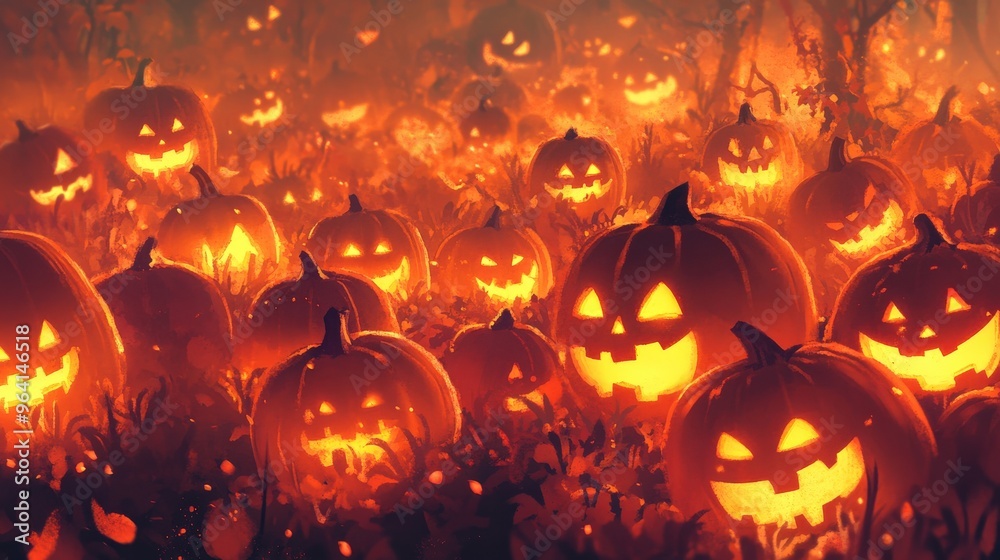 Naklejka premium Group of carved pumpkins in a cemetery field and dark forest. Halloween pumpkins are lit by candlelight during the full moon at night.