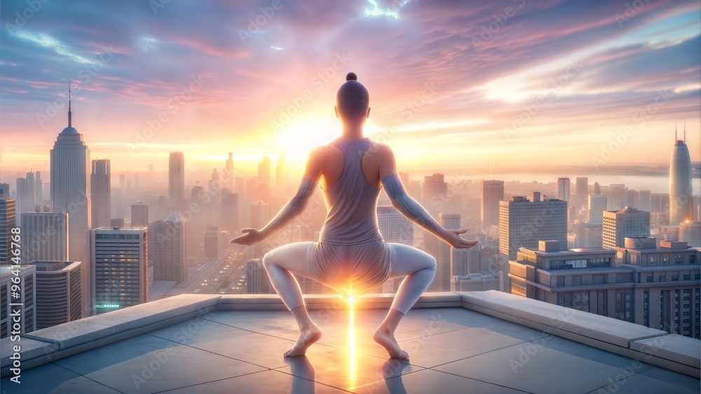 Fototapeta premium Woman meditating on rooftop at sunrise, urban yoga and mindfulness