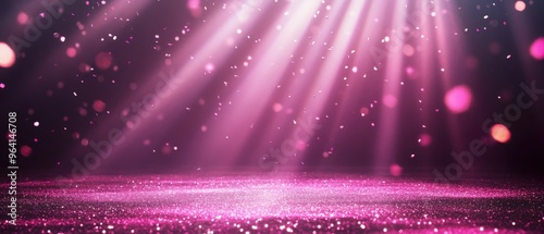 Pink spotlight stage background. Disco party projector light concert or show scene. Magic beam glow for nightclub or award winner with confetti glitter. Congratulation performance bg for celebrity