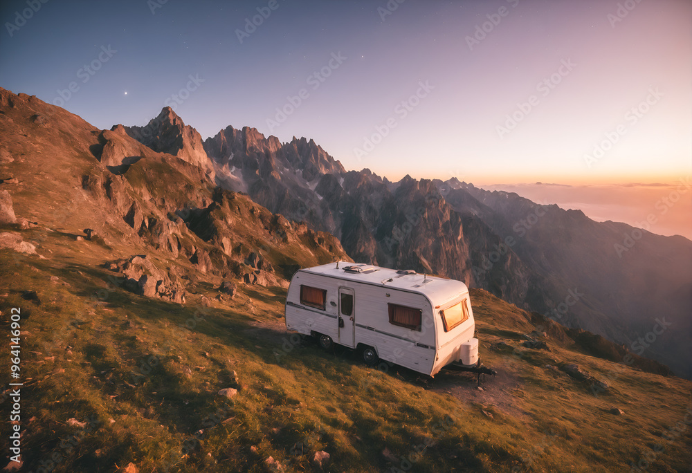 Caravan house trailer camping in mountain nature Caravan house trailer camping in mountain nature