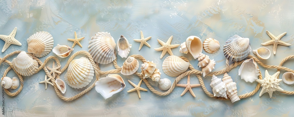 Seashells and starfish arranged on a blue and white background. A collection of seashells and starfish on a beach inspired background. Seashells and starfish arranged on a blue and white background. A collection of seashells and starfish on a beach inspired background.