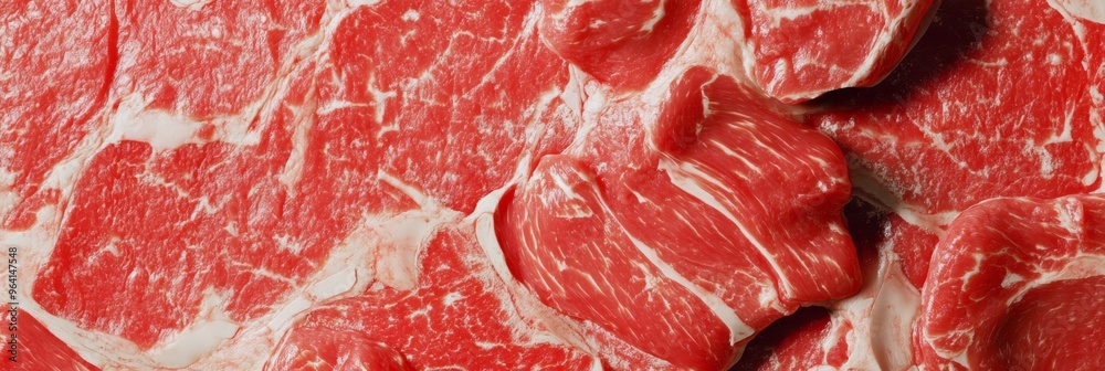 Detailed and closeup fresh raw red marbled beef texture showcases rich colors and unique textures