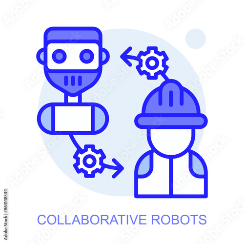Collaborative Robots concept icon. Smart factory. Modern technologies. Industry 4.0. Automated production. Vector linear illustration.