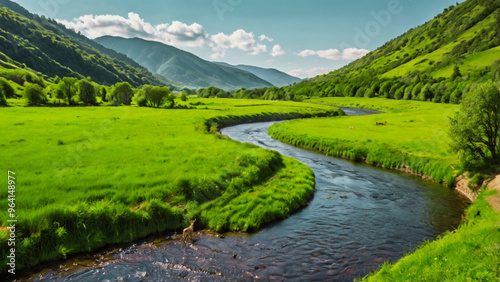  A lush green valley with a winding river. Generative AI