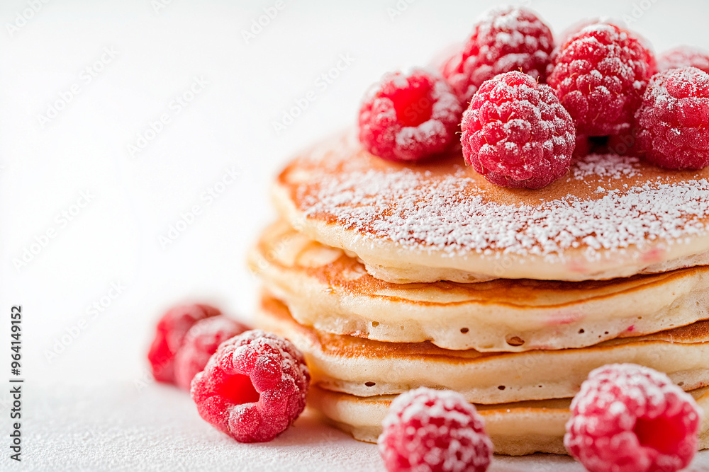 delicious stack of pancakes with raspberries on white background delicious stack of pancakes with raspberries on white background