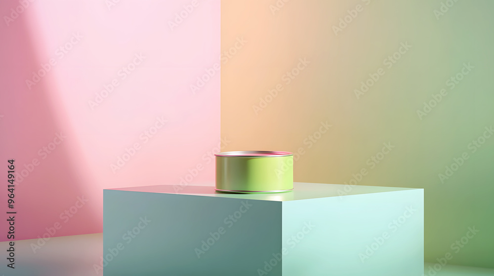 canned food product is elevated on a geometric platform with bright, diffused light and minimalist decor, allowing the product to shine against a simple background canned food product is elevated on a geometric platform with bright, diffused light and minimalist decor, allowing the product to shine against a simple background