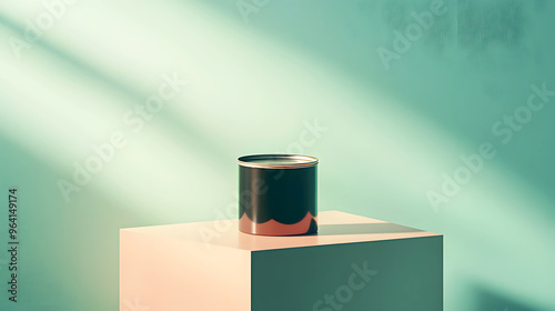 canned food product is elevated on a geometric platform with bright, diffused light and minimalist decor, allowing the product to shine against a simple background photo