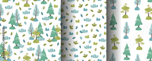 Collection of seamless patterns with cute forest trees and bushes in flat style. Children's background with fir tree, deciduous trees and grass. Cartoon texture for fabric, wallpaper, clothes.