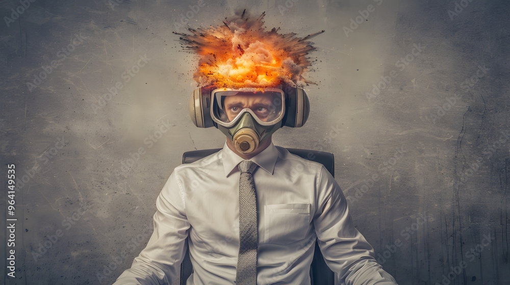 A pilot with an exploding head and Symbolizing the concept of stress and mental health in an aviation context. A pilot with an exploding head and Symbolizing the concept of stress and mental health in an aviation context.