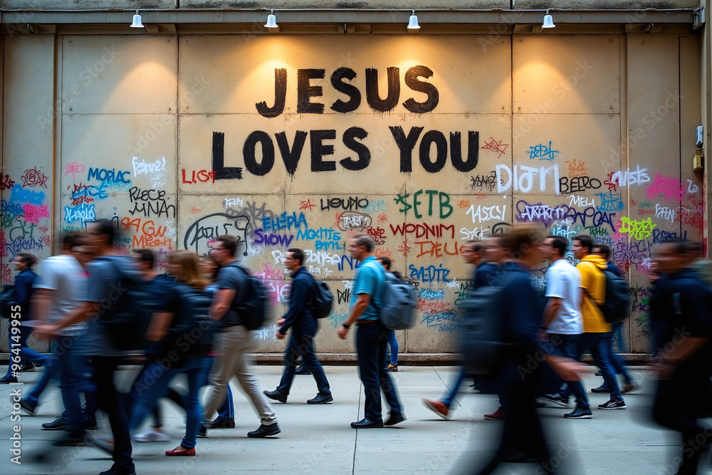 Naklejka premium Tłumy ludzi, piesi, pasażerowie w podziemnym tunelu metra przechodzą obok ściany z napisem JEZUS KOCHA CIĘ, przesłanie dla zagubionych, bezradnych, by szukać Chrystusa jako zbawiciela. Rozmycie ruchu.