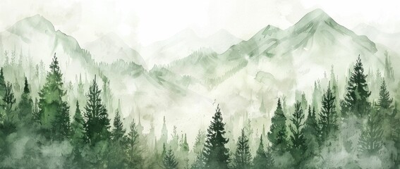 Leinwandbilder Olivgrün Serene watercolor landscape featuring misty mountains and lush evergreen trees in soothing green tones  © VICHIZH