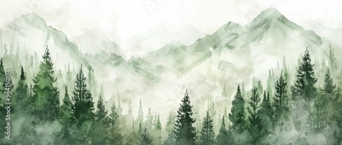 Serene watercolor landscape featuring misty mountains and lush evergreen trees in soothing green tones