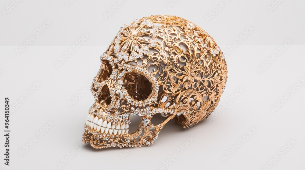Regal Diamond Skull Adorned with Elegant Gold Filigree Patterns Symbolizing Luxury and Mortality, Generative Ai Regal Diamond Skull Adorned with Elegant Gold Filigree Patterns Symbolizing Luxury and Mortality, Generative Ai