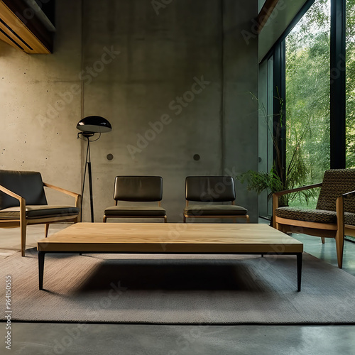 An ultra-modern living room with large windows located in the corner of the room. The interior design combines glass, steel and concrete materials, complemented by minimalist furniture and smart home 