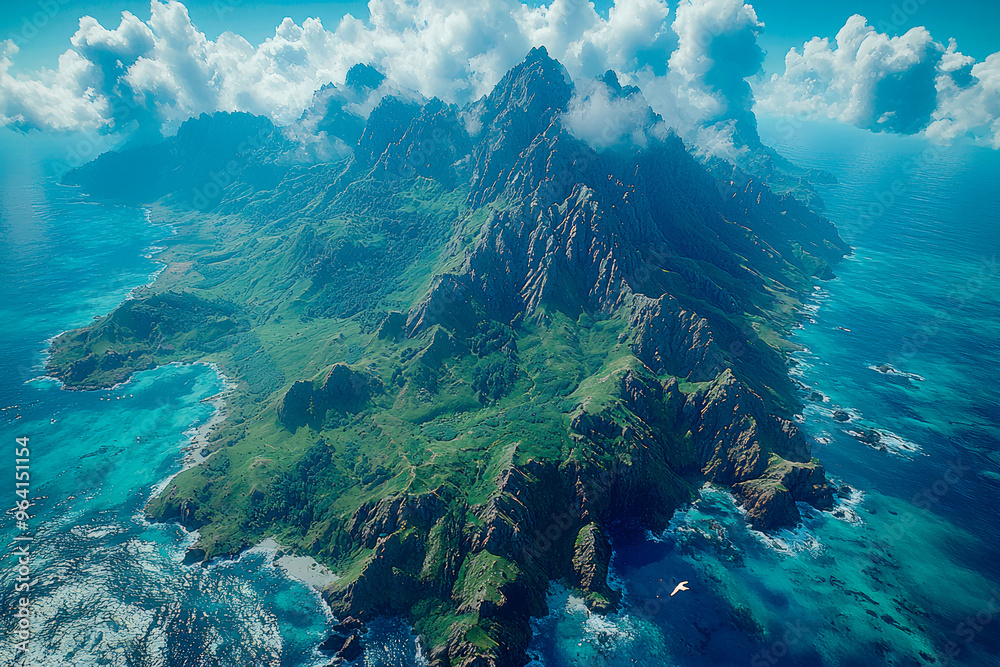 Majestic Island Mountain Range Surrounded by Crystal Blue Waters - A breathtaking aerial view of a rugged mountain island surrounded by turquoise waters, with clouds hovering over the peaks. Majestic Island Mountain Range Surrounded by Crystal Blue Waters - A breathtaking aerial view of a rugged mountain island surrounded by turquoise waters, with clouds hovering over the peaks.