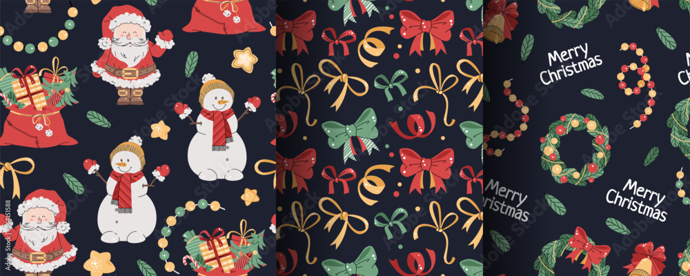Φωτογραφία Collection of Seamless Christmas patterns with cute Santa, snowman and gifts in flat style