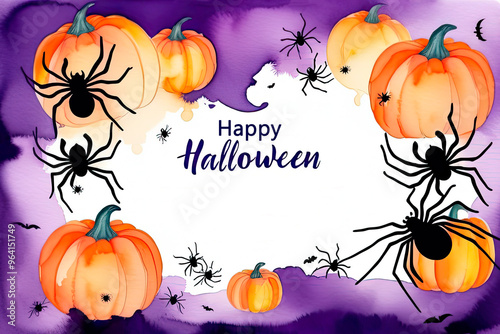Hand drawn watercolor Halloween invitation or card template with pumpkin and spider frame on purple background and Happy Halloween lettering
