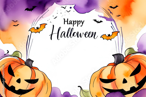 Hand drawn watercolor Halloween invitation or card template with border of jack-o-lanterns, bats and space for text