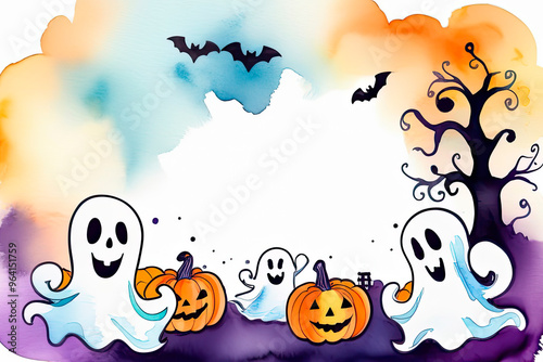 Hand drawn watercolor Halloween invitation or card template with border of pumpkins, ghosts, trees, bats and space for text