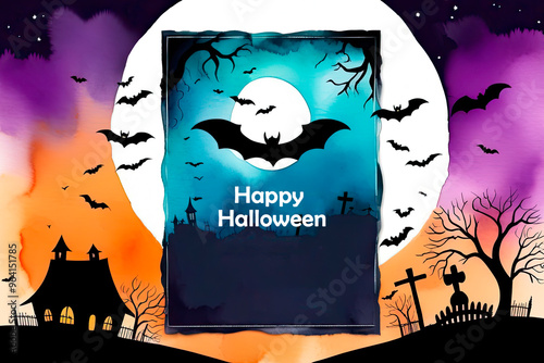 Hand drawn watercolor Halloween invitation or card template
