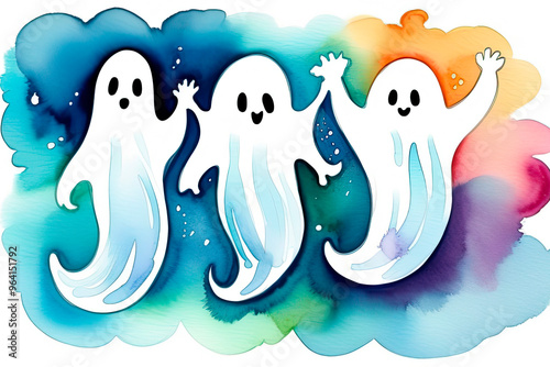 Hand painted watercolor funny ghosts flying during Halloween
