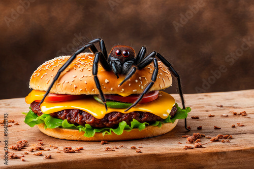 Hamburger with scary spider on it for Halloween party. Original Halloween party food design