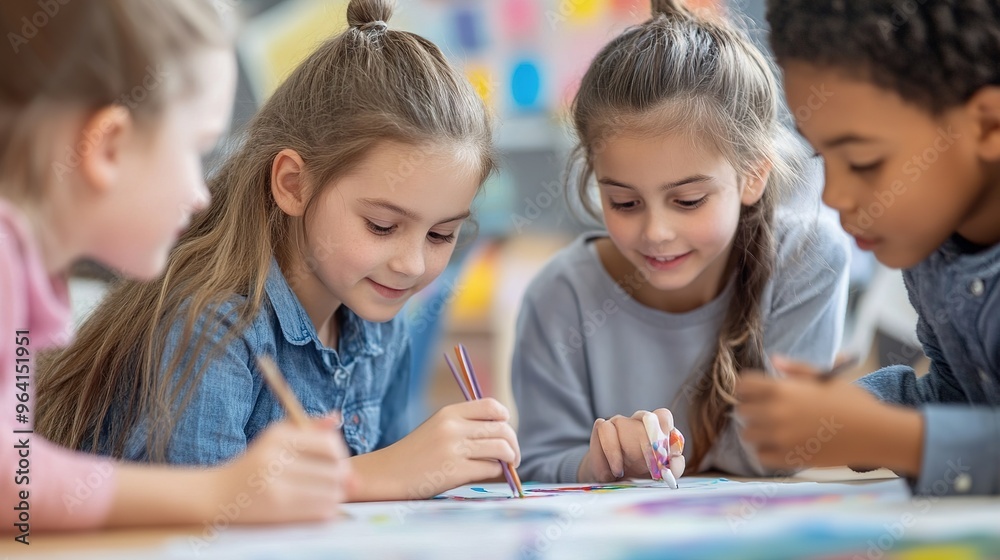 A group of elementary students working together on a creative art project in an engaging school environment A group of elementary students working together on a creative art project in an engaging school environment