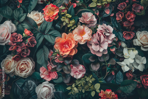 beautiful fantasy vintage wallpaper botanical flower bunch,vintage motif for floral print digital background