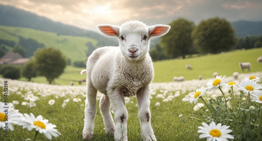Fototapeta premium White sheep on green grass floral meadow