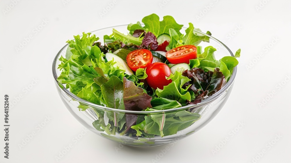 A fresh green salad with various vegetables in a bowl on a solid white background. A fresh green salad with various vegetables in a bowl on a solid white background.
