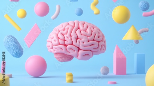 A pink brain with colorful geometric shapes on a blue backdrop. Ideal for projects involving creativity, innovation, and unconventional thinking