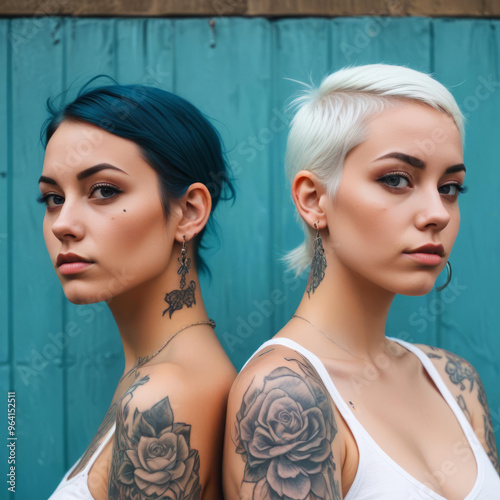 Two short-haired girls with tattoos stand back to back