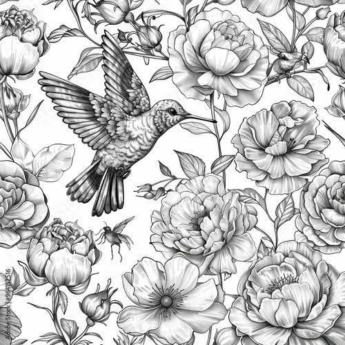 Wallpaper Mural Hummingbird surrounded by detailed floral patterns in black and white, with peonies and other blossoms creating an elegant backdrop Torontodigital.ca