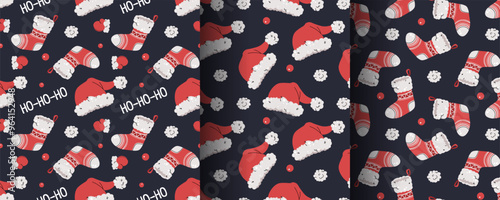 Collection of seamless Christmas patterns with Santa hat, sock and mittens in flat style. Holiday background with Christmas elements. Cartoon texture for fabric, wallpaper, wrapping paper.