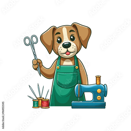 Cartoon Dog sewing Vector Icon Illustration Animal