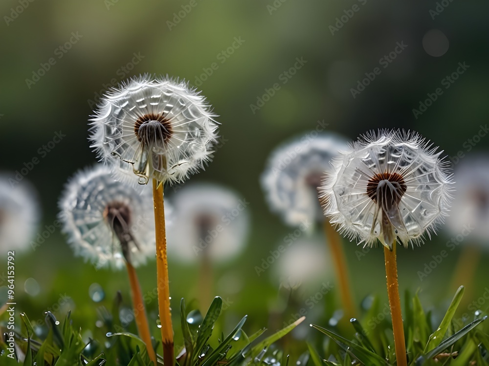 Beautiful wet dandelion morning in grass with dew Blurred natural green background Beautiful wet dandelion morning in grass with dew Blurred natural green background