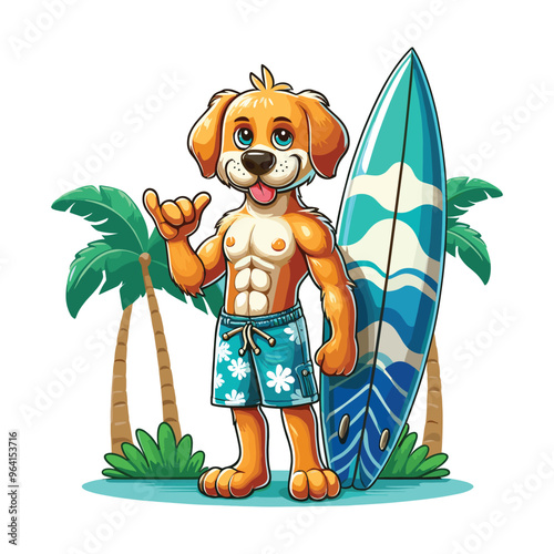 Cartoon Dog Surfer Vector Icon Illustration Animal