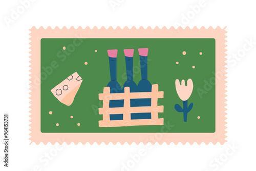 Wine bottles set postal stamp isolated on white background. Stylized character with wine square sticker. Vector hand drawn illustration
