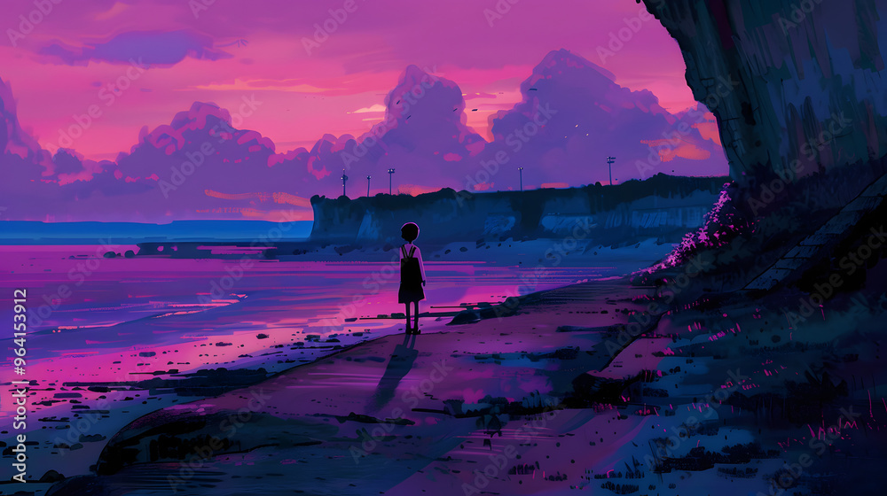 A schoolgirl with short black hair meandering along a coastal cliff at twilight 