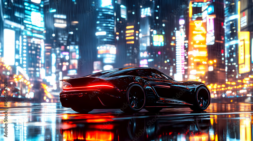car drives through the glowing lights of a bustling city at night, with reflections from skyscrapers and street lamps on its glossy