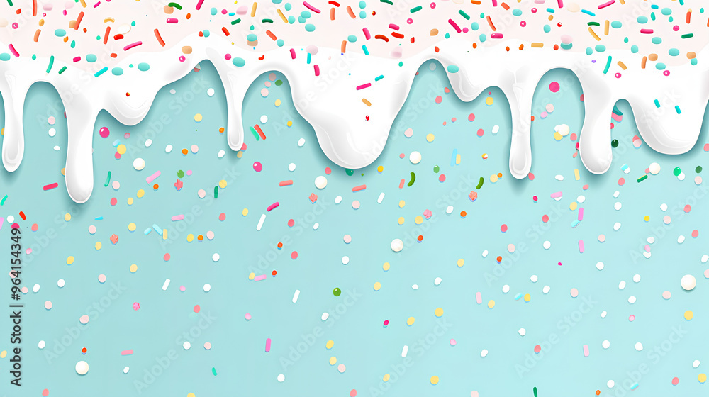Fototapeta premium Cute mint background with white dripping cream and colorful sprinkles at the top. mobile wallpaper or background design in the style of a minimalist illustration.