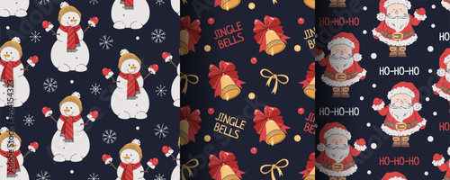 Collection of seamless Christmas patterns with Santa, snowman and bell in flat style. Holiday background with Christmas elements. Cartoon texture for fabric, wallpaper, wrapping paper.