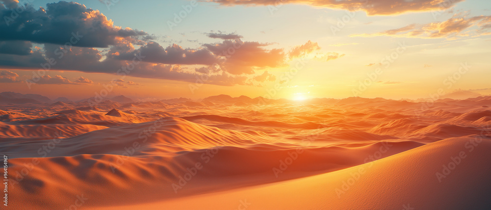 A cinematic sunrise breaking over endless desert dunes, casting long shadows and a golden hue across the vast expanse of sand. A cinematic sunrise breaking over endless desert dunes, casting long shadows and a golden hue across the vast expanse of sand.