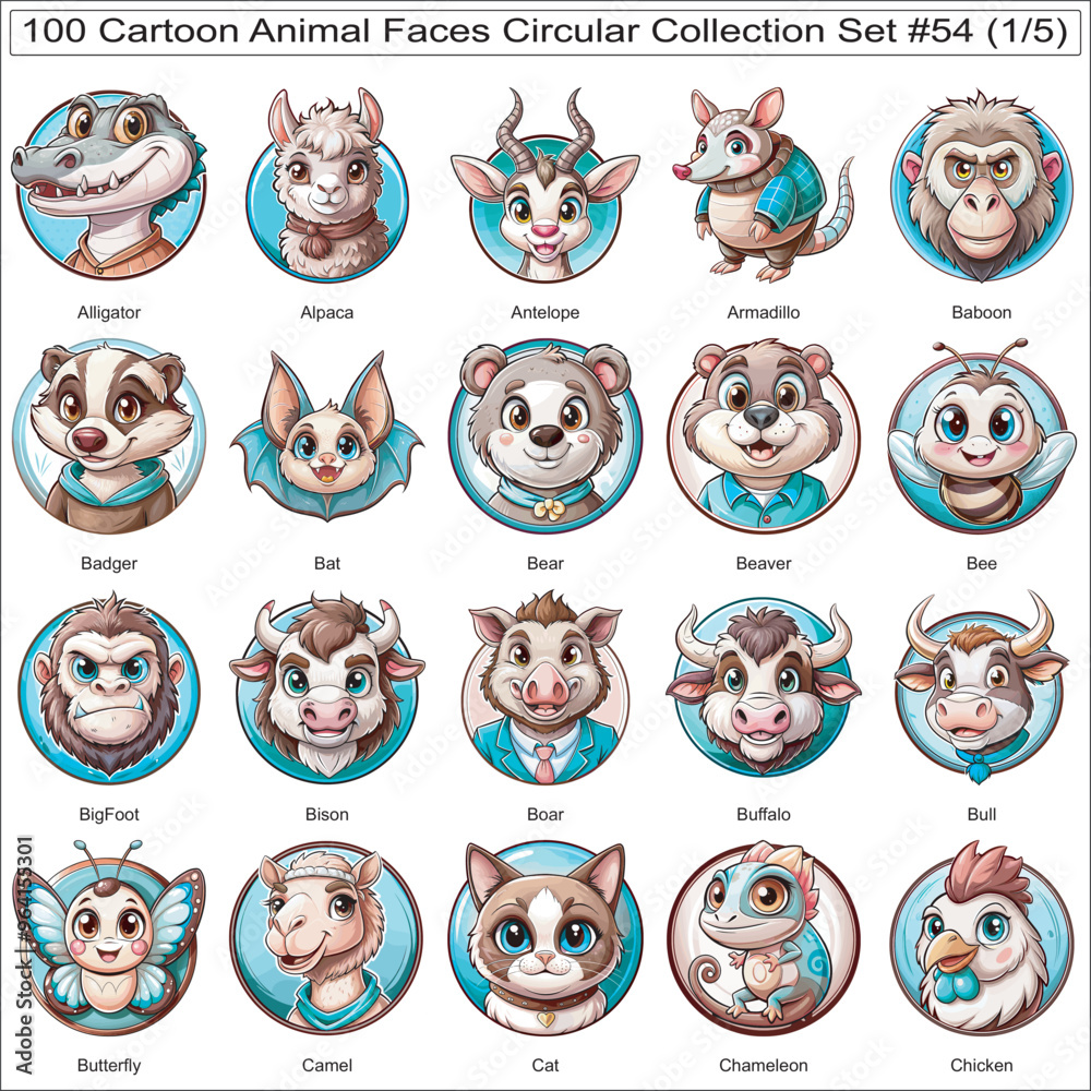 Cartoon Animal Faces Circular Collection Set of 100 Isolated Animals Part 1 Cartoon Animal Faces Circular Collection Set of 100 Isolated Animals Part 1