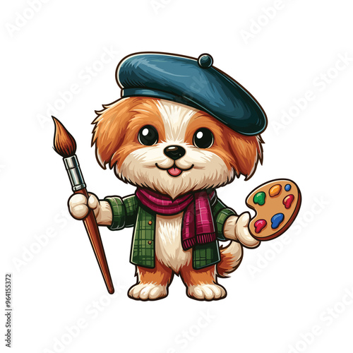 Cartoon Dog Painter Vector Icon Illustration Animal