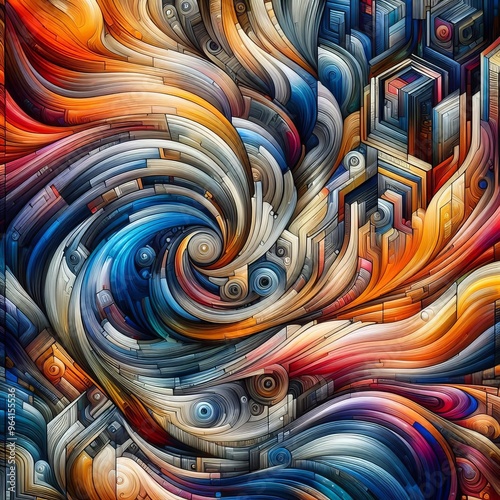 Stunning abstract digital artwork featuring a dynamic swirl pattern in vibrant multicolors. The intricate details and harmonious color blend create a mesmerizing visual effect, ideal for modern decor