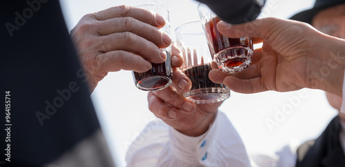 Men in folk costumes toasting with wine. The consumption of red wine is typical in Hungarian rural culture.